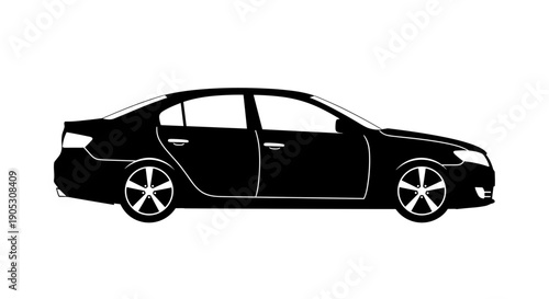 Black Sedan Car Silhouette Side View.