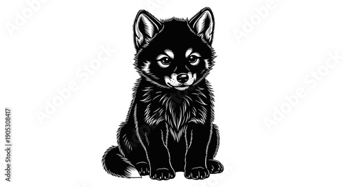 Black Shiba Inu Puppy Sitting Portrait Illustration.