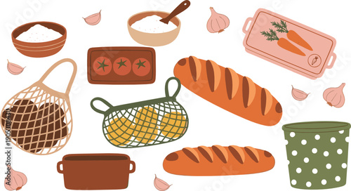 Home baking and kitchen illustration set with bread loaves, garlic, carrots and cookware in flat vector style for food, cooking and rustic design