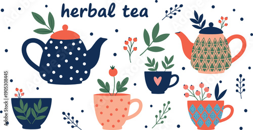 Herbal tea illustration set with teapots, cups and botanical leaves in cozy flat vector style for wellness, relaxation and beverage design