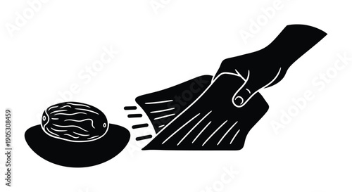 Hand dusting hat with cloth, minimalist black and white illustration