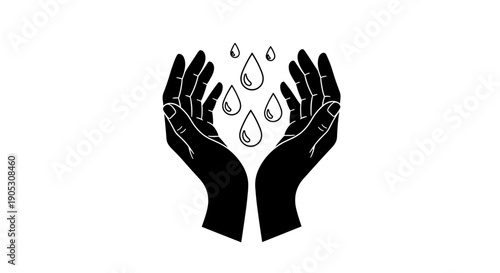 Black Silhouette Hands Catching Falling Water Drops.