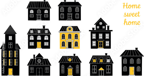 Home sweet home illustration set with cozy house silhouettes glowing windows and charming neighborhood buildings in minimal flat style for real estate and decor designs