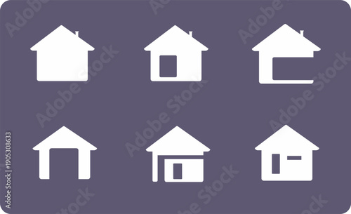 Minimalist house icon set featuring various home architectural styles and layouts. Perfect for real estate logos, web UI design, and property app symbols.