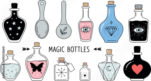 Magic bottle illustration set with potion jars mystical symbols butterflies eyes hearts and witchcraft elements in hand drawn flat style for fantasy designs