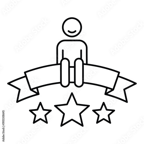 User achievement concept: stylized person sitting on a banner with three stars and copy space.