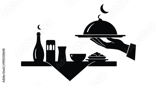 Hand serving food with cloche and dining setup on table in minimalist style