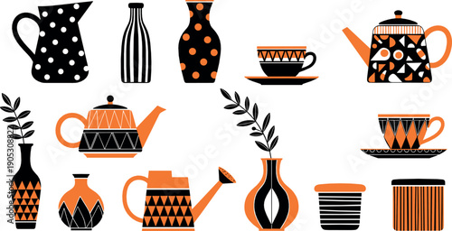 Modern decorative teapot and vase illustration set with cups pitchers and geometric patterns in bold black and orange flat style for kitchen and home decor designs