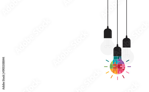 Hanging light bulbs with one glowing on white background. Concept of idea