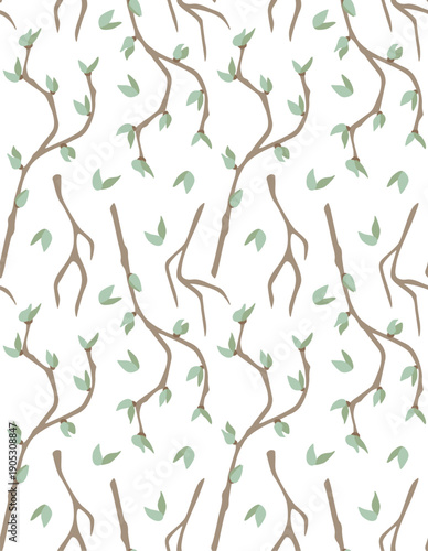 Seamless pattern of tree branches with green leaves on a white background in a minimalist style for nature-inspired designs and textiles