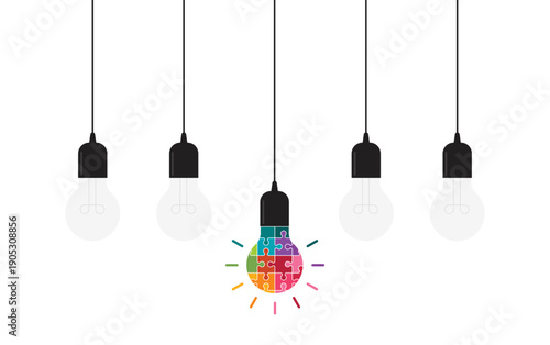 Hanging light bulbs with one glowing on white background. Concept of idea