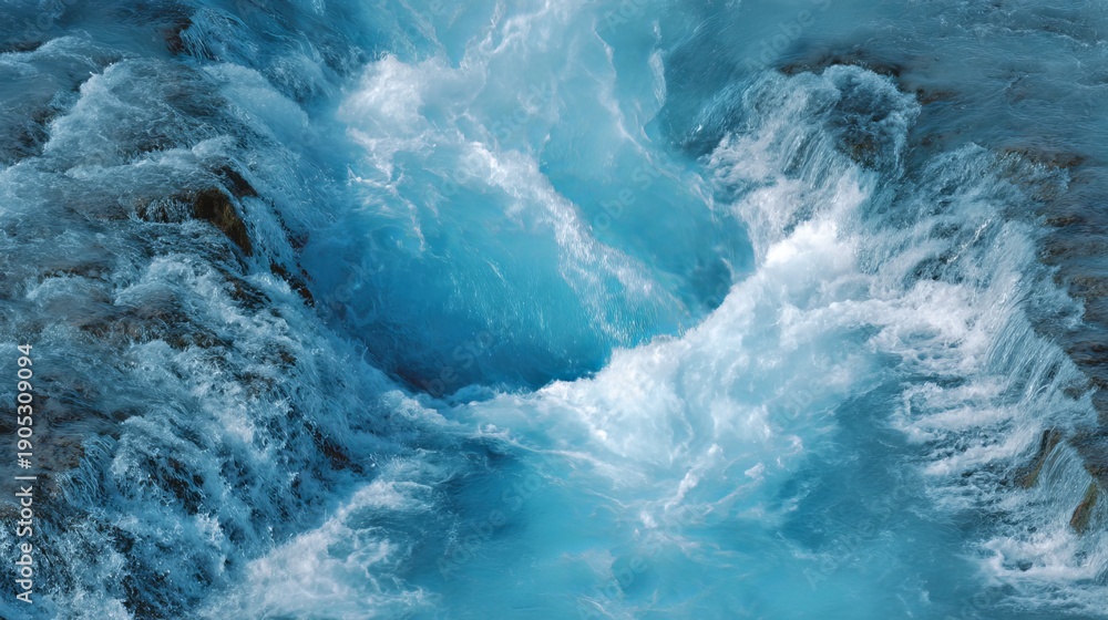 Fototapeta premium Bruarfoss waterfall aerial view, abstract blue and white water patterns, Iceland landscape, natural texture, flowing river, high contrast, outdoor scenery, top-down perspective
