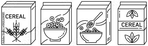 Cereal box packaging illustrations, line art designs featuring wheat graphics, cereal bowls, spoons, and organic leaf motifs