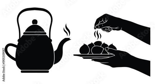 Hands steaming dumplings with hot water from a teapot in a minimalist style