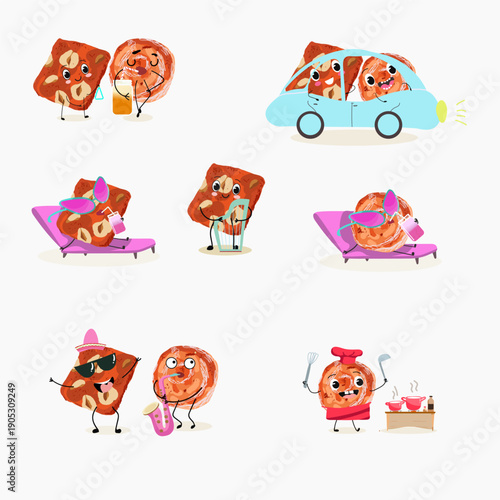 Funny Characters cezerye, carrot dessert, Turkish traditional food. Hand drawn vector illustration.
