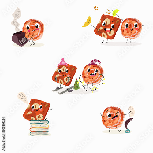 Funny Characters cezerye, carrot dessert, Turkish traditional food. Hand drawn vector illustration.