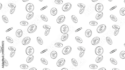 Seamless pattern of falling coins with dollar signs, perfect for financial themes and backgrounds