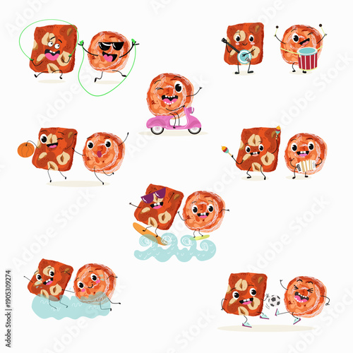 Funny Characters cezerye, carrot dessert, Turkish traditional food. Hand drawn vector illustration.