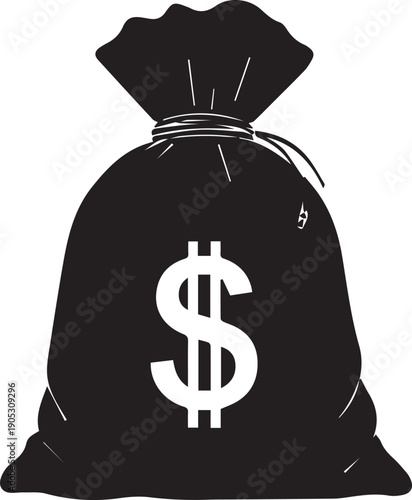 Black money bag with a white dollar sign, symbolizing wealth, finance, and business earnings in a simplistic, bold iconographic representation