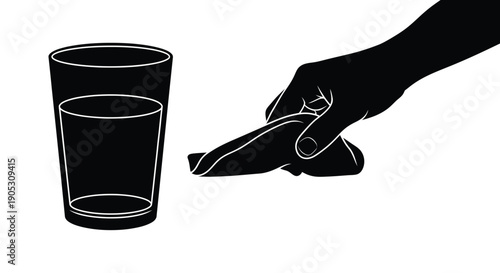 Hand holding a cloth wiping a glass on white background with copy space