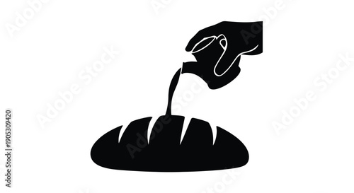 Hand pouring liquid from jug onto mound, minimalist silhouette