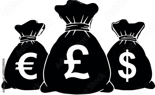Illustration featuring three money bags with Euro, Pound, and Dollar symbols, representing global finance, international wealth, and diverse economic transactions