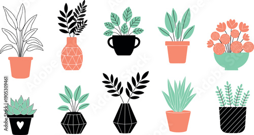 Modern houseplant illustration set with potted indoor plants decorative pots and leafy greenery in minimal flat style for home decor and interior design projects