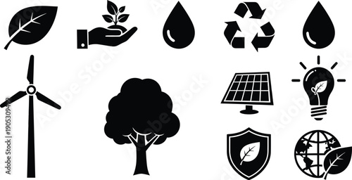 Eco friendly icons representing renewable energy and environmental conservation