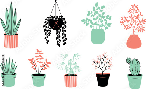 Modern houseplant illustration set with potted indoor plants hanging planters and decorative foliage in minimal flat style for home decor and interior design projects