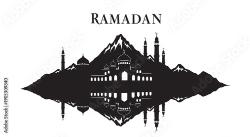 Ramadan mosque silhouette with minarets and mountains in a minimalist design