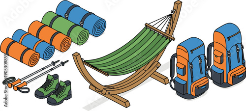 Isometric Outdoor Camping Gear Set, Vector Illustration of Hiking Backpacks, Sleeping Mats, Hammock, Trekking Poles, and Boots for Adventure Travel.