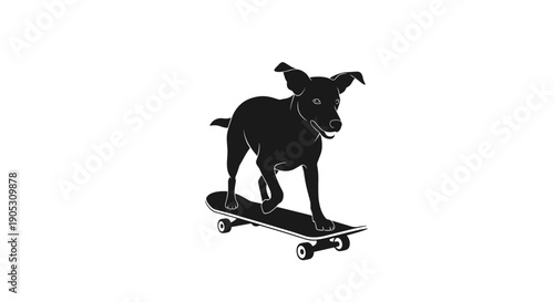 Black silhouette of a dog riding a skateboard.