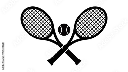 Black silhouette illustration of two crossed tennis rackets with a tennis ball in the center. Minimalist sports icon isolated on white background, suitable for logos, emblems, and athletic designs.