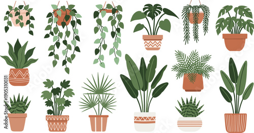 Indoor Houseplant Vector Collection, Flat Illustration of Potted Tropical Plants, Hanging Ivy, Monstera, Palms, and Succulents for Urban Jungle Home Decor.