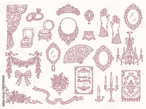 Elegant Rococo-style wedding vector set in hand-drawn line art: gloves, fans, jewelry, frames, flowers, candles, chandeliers, and invitations, conveying grace and luxury