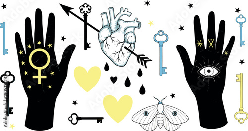 Mystical occult illustration set with symbolic hands sacred heart keys moth moon and spiritual icons in bold modern flat style for esoteric designs