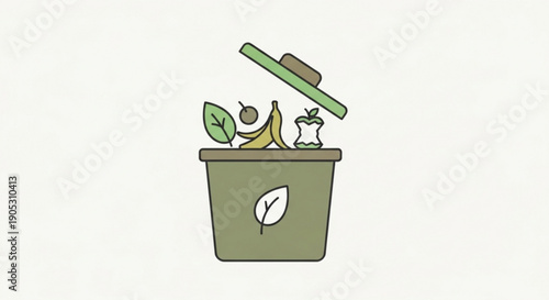 Green Compost Bin with Organic Waste and Leaf Icon