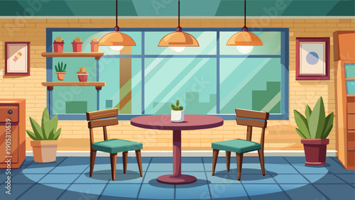 Minimal cartoon vector of a small cafe interior, two tables, empty space, simple walls, soft colors, no decorations, flat design, calm and clean scene