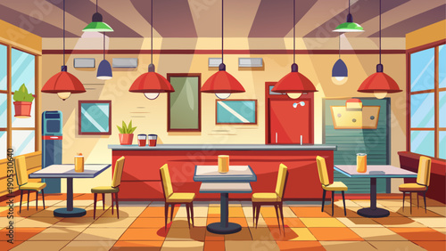 Minimal cartoon vector of a restaurant interior, wide empty space, few tables, simple layout, plain walls, soft lighting, flat style, clean modern look