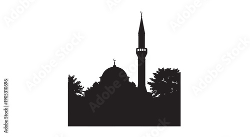 Mosque silhouette with minaret and dome among trees in minimalist style