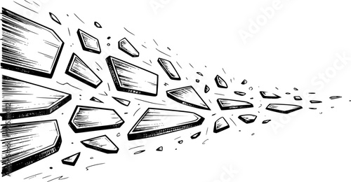 Abstract explosion of geometric shapes and fragments with dynamic motion lines