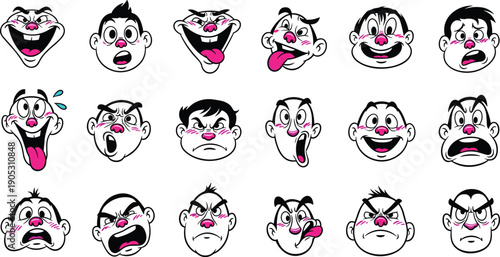 Set of retro cartoon character facial expressions with various emotions like happy sad and angry in flat vector comic style