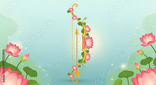 Golden bow and arrow decorated with pink flowers and green leaves on a serene light blue background with lotus flowers