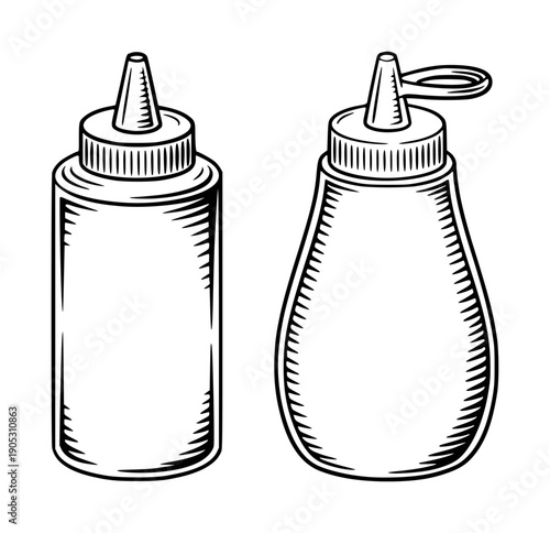 Black and White Line of Squeeze Bottles with Caps Isolated White Background condiment