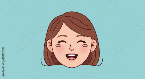 Smiling cartoon woman with brown hair and rosy cheeks on a light blue background expressing happiness and joy