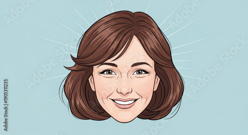 Smiling woman with brown hair and glowing aura on light blue background