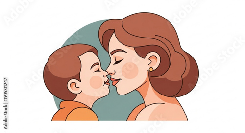 Tender moment of mother and son sharing a loving kiss on the cheek with warm smiles and rosy cheeks in a soft green background