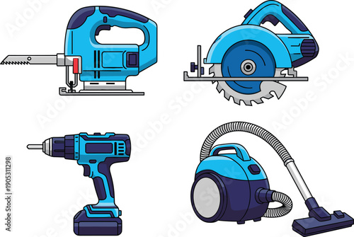 Set of blue power tools including jigsaw circular saw electric drill and vacuum cleaner flat vector illustration for construction and repair