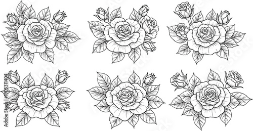 Set of hand drawn rose flower bouquet line art illustrations with leaves and buds isolated on white for floral design