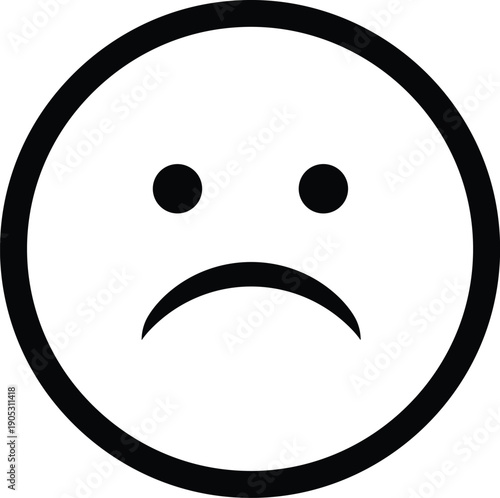 Vector illustration of sad face emoticon icon in black-and-white minimalist design symbolizing sadness, disappointment, and dissatisfaction